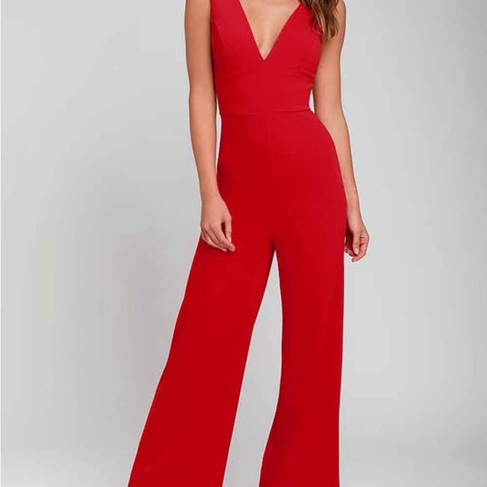 LULU'S SZ S Red Ready For It Sleeveless Plunging Wide-Leg Jumpsuit NEW b167
